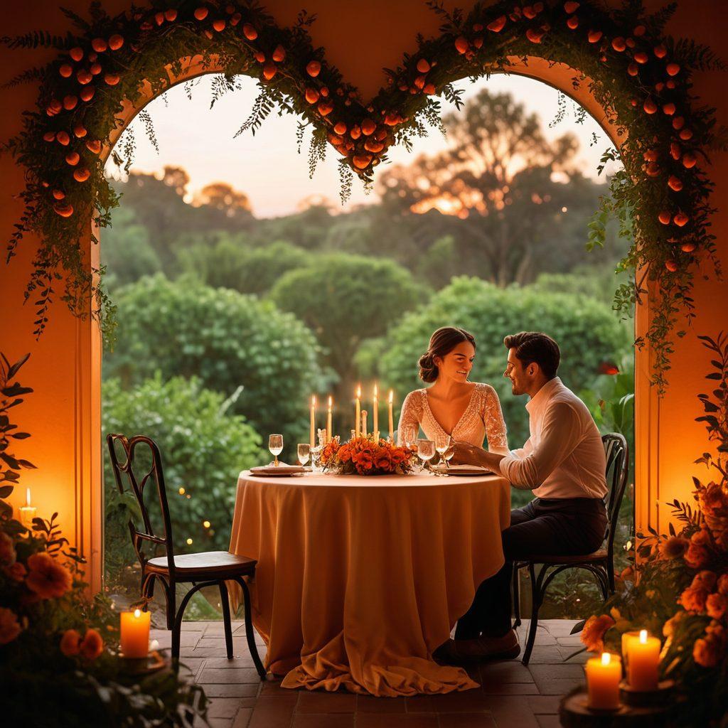 A cozy, intimate setting with a soft, glowing candlelight, two hands reaching towards each other across a table adorned with romantic decor. Silhouettes of a couple sharing a meaningful gaze, surrounded by lush greenery and warm colors that evoke passion and desire. The background features delicate heart-shaped patterns subtly blending with the ambiance. dreamy, romantic style. warm colors. soft focus.