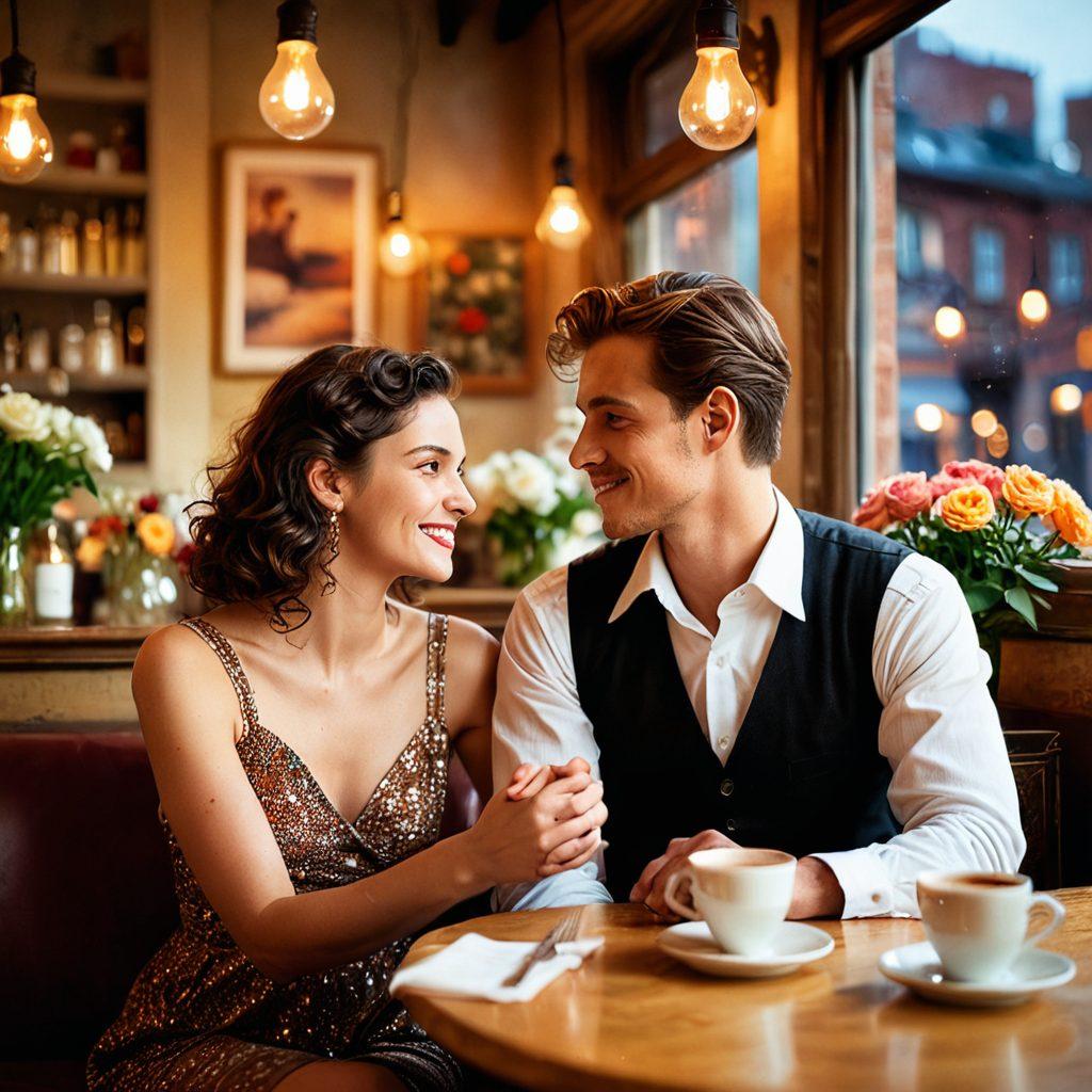 A charming couple exchanging playful glances in a cozy, intimate café setting, surrounded by soft lighting and delicate decorative elements like flowers and vintage decor. Their body language conveys flirtation, with subtle smiles and gentle touches, creating an atmosphere of warmth and connection. Elements of desire such as intertwined hands and a sparkling backdrop to suggest chemistry. painterly style. warm colors. soft focus.