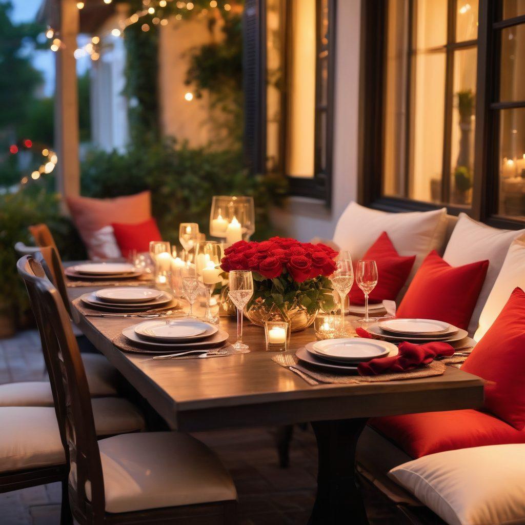 A cozy candlelit dinner setting with a table adorned with red roses and sparkling wine glasses. In the background, a beautifully set outdoor patio with twinkling fairy lights and soft pillows inviting intimacy. The atmosphere exudes warmth and love, with a couple sharing a romantic moment, gazing into each other's eyes. The colors are soft and warm, creating a romantic ambiance. super-realistic. vibrant colors. soft focus.